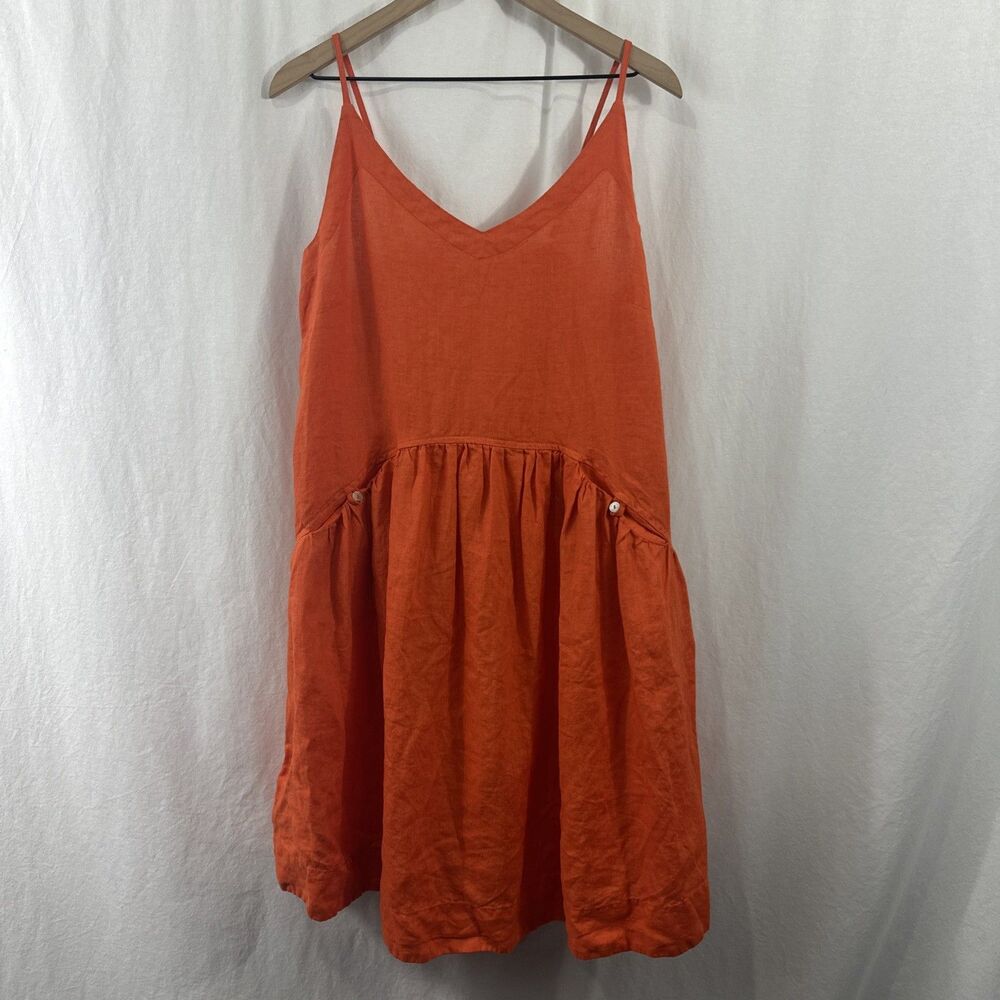 Haris Cotton Orange Linen Vneck Strappy Dress Made In Greece Size M Lagenlook